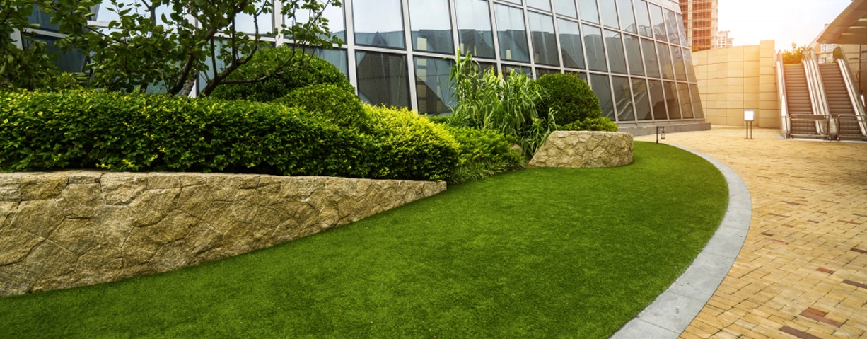 Neatly maintained common area featuring professional shrub trimming and clean lawn lines.