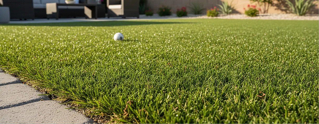 A professional-grade artificial turf putting green featuring a golf ball, showcasing the precision and smooth surface of our synthetic grass installations.