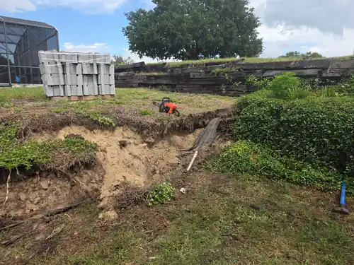 Windermere yard before the retaining wall, showing the unstable sloped area