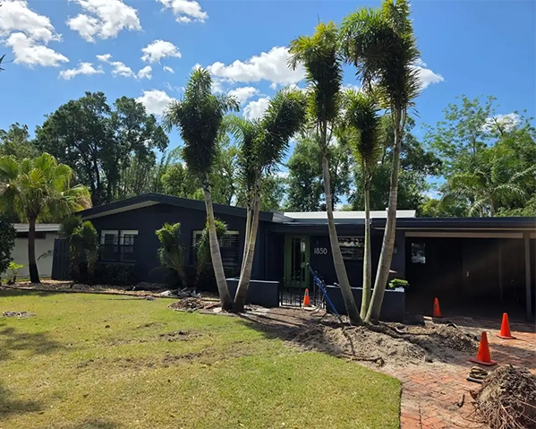 Manicured front yard landscape design in Sanford, Central Florida, highlighting freshly installed palm trees and clean garden curbing.